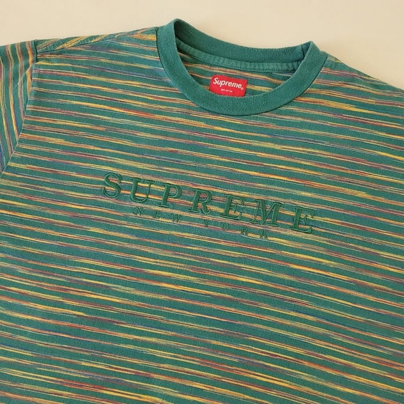 Supreme New‎ York Static Stripe Short Sleeve T Shirt Large Green 100% Cotton - Picture 1 of 12